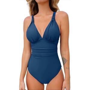 Cupshe One‎ Piece Swimsuit Bathing Suit V Neck Tummy Control Ruched Navy Size S